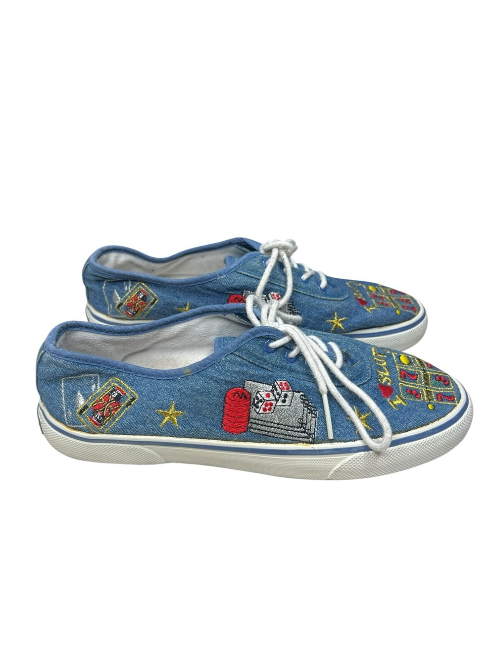 Vintage Novelty Print Denim Sneakers Womens 8 Embroidered Lace Up Shoes